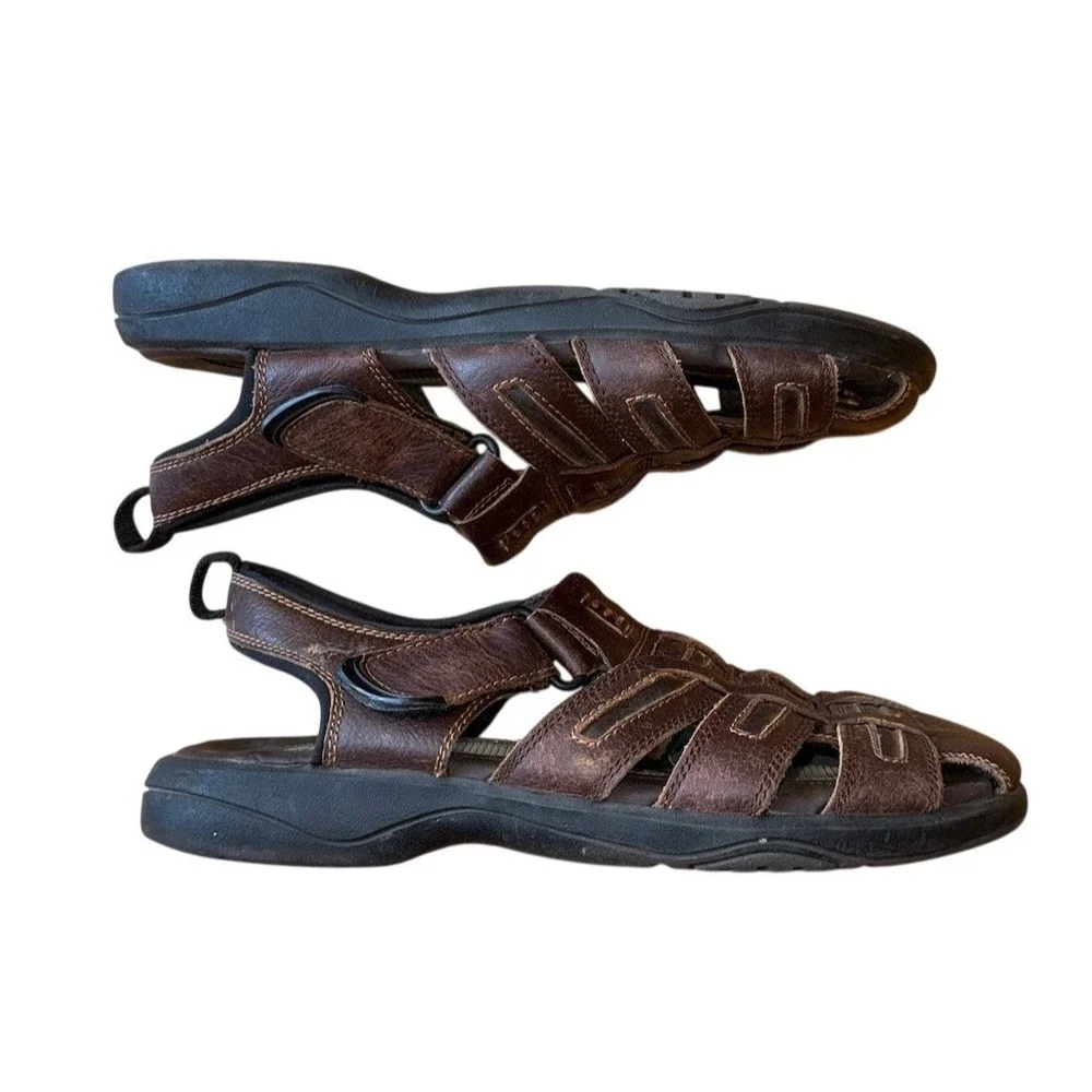 Cherokee Men's Fisherman Sandal Brown Hook Loop Comfort 10.5 woven caged leather
